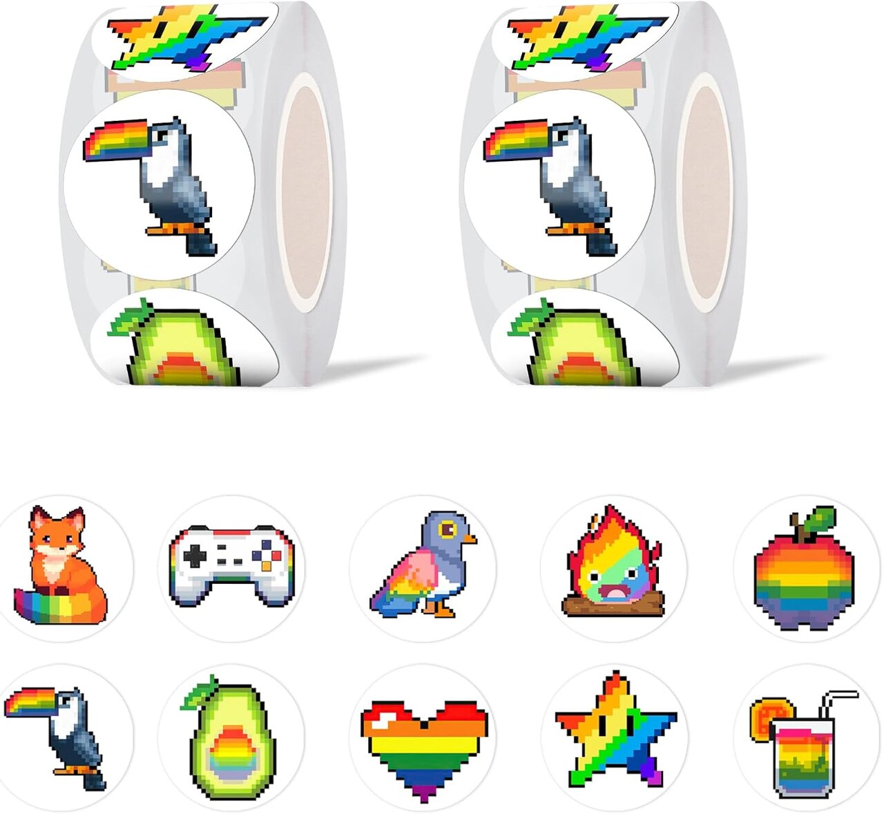 1000 PCS Pixel Pride Rainbow LGBTQ Stickers – 2 Rolls, 10 Patterns for Laptop & More